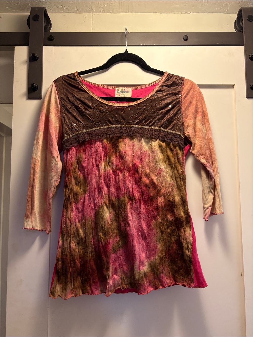 Tie-Dye Velvet Yoke Long Sleeve Top — Pink & Brown
